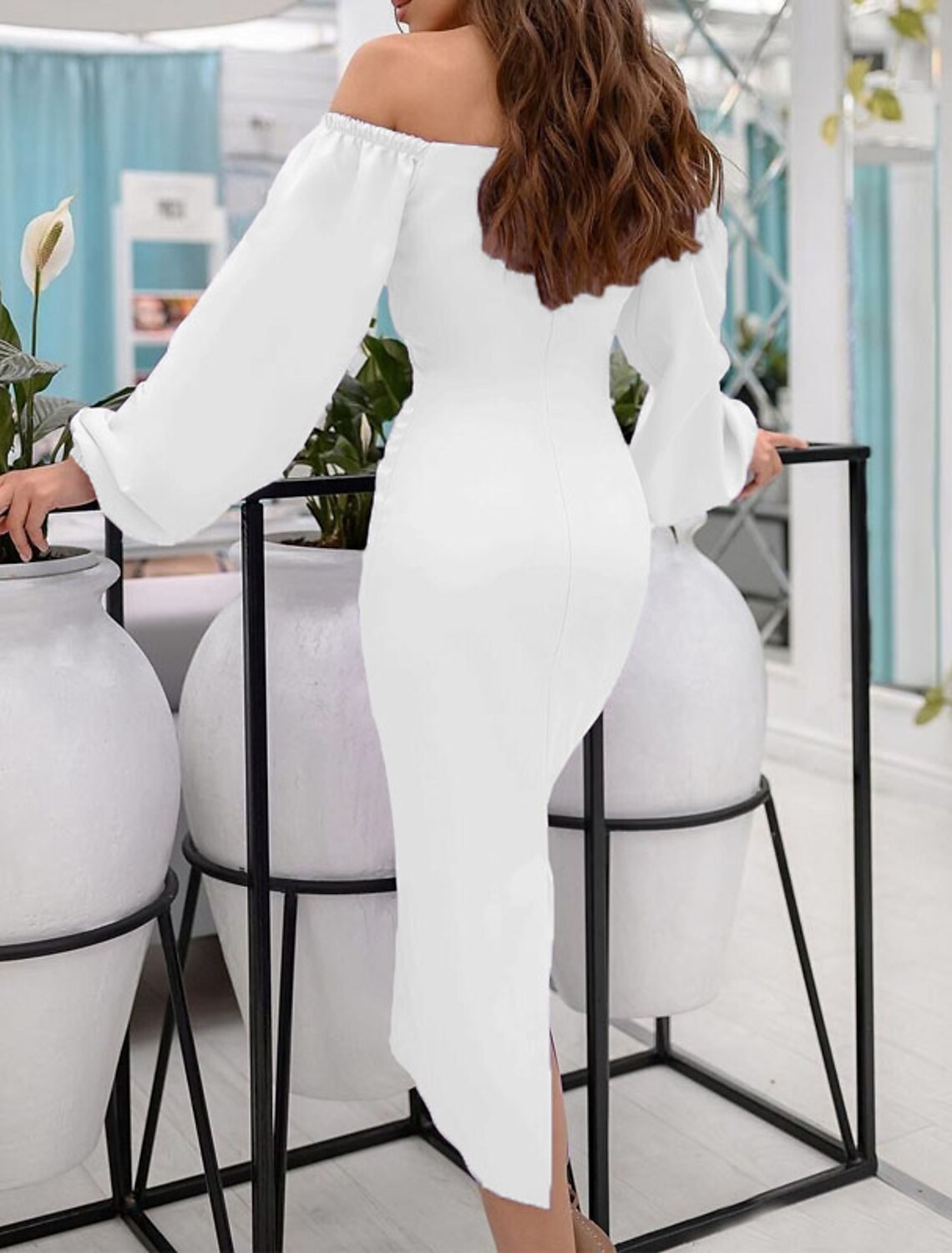 Sheath / Column Cocktail Dresses Elegant Dress Wedding Guest Engagement Tea Length Long Sleeve Sweetheart Fall Wedding Guest Stretch Fabric with Sleek Pure Color