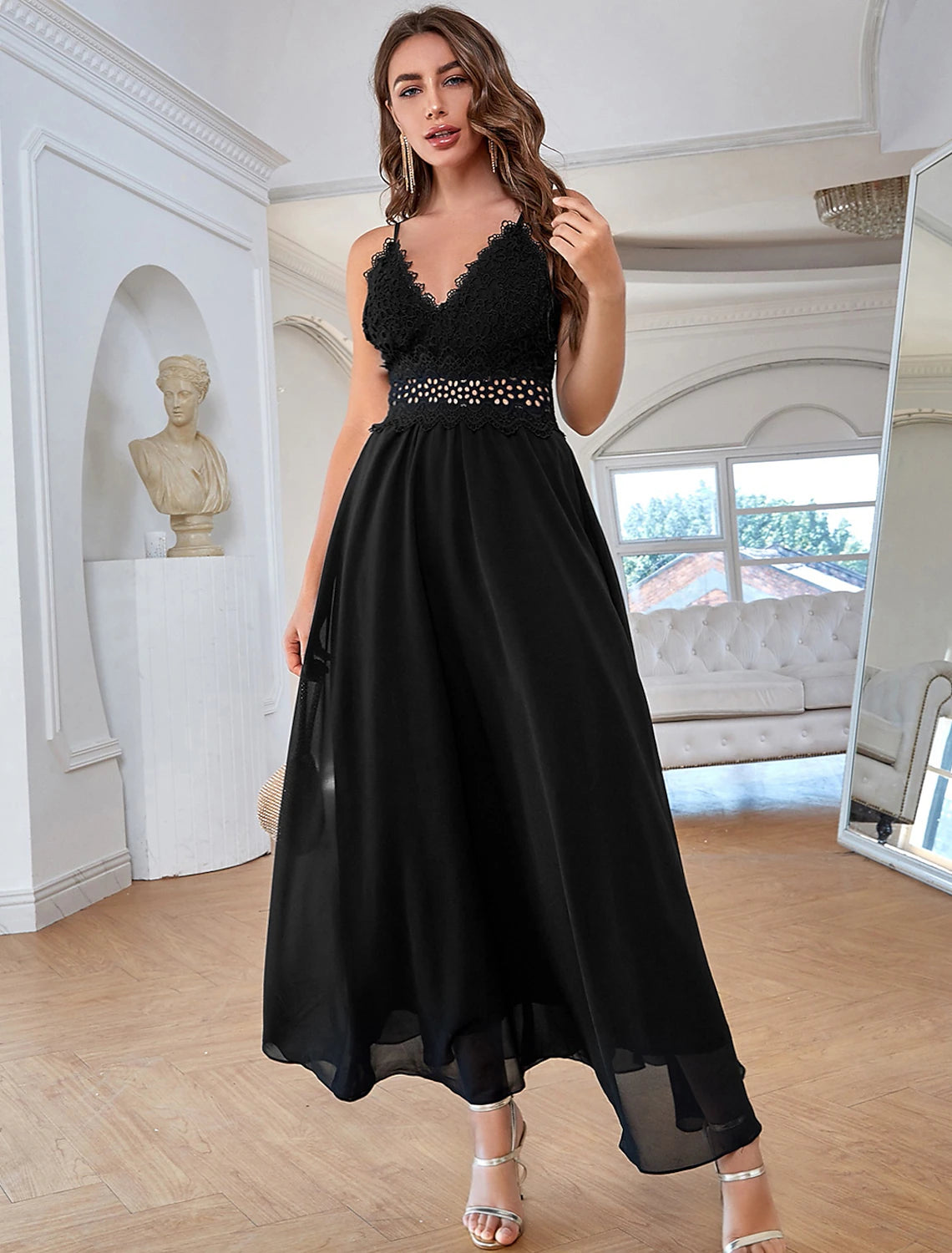A-Line Evening Gown Elegant Dress Party Wear Formal Evening Ankle Length Sleeveless Spaghetti Strap Chiffon with Sequin Pure Color Splicing