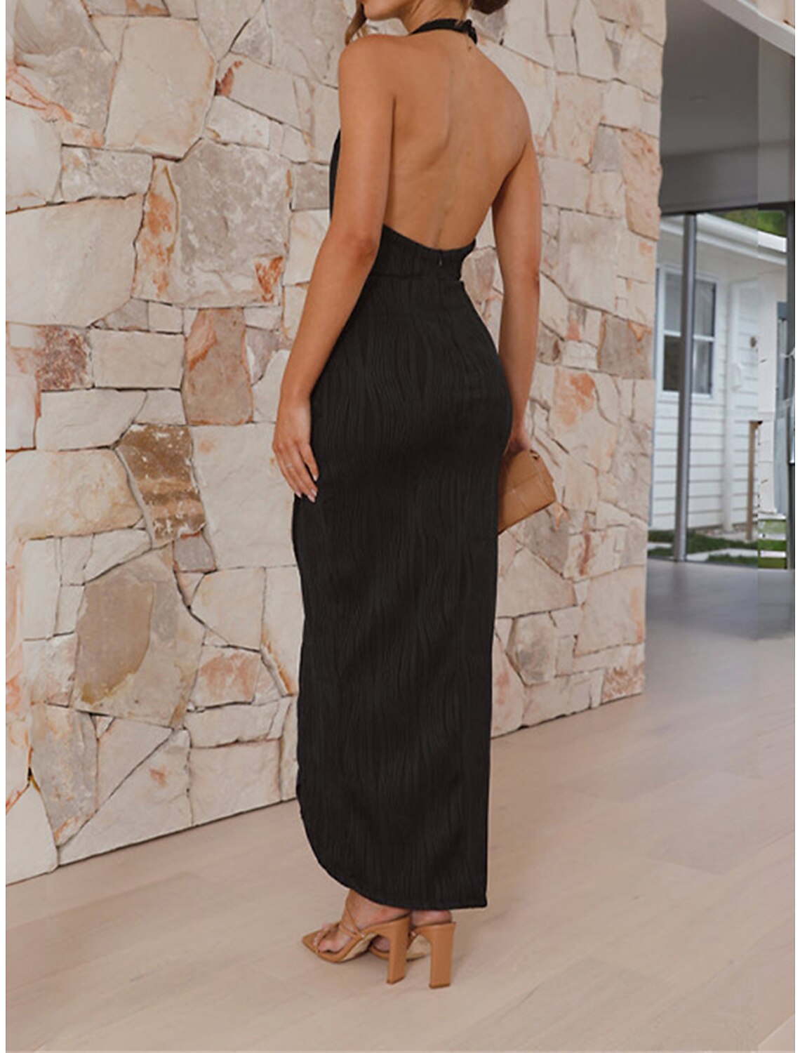 Women's Prom Dress Party Dress Wedding Guest Dress Long Dress Maxi Dress Black Green Sleeveless Plain Ruched Summer Spring Fall Halter Neck Elegant Wedding Guest Birthday Evening Party