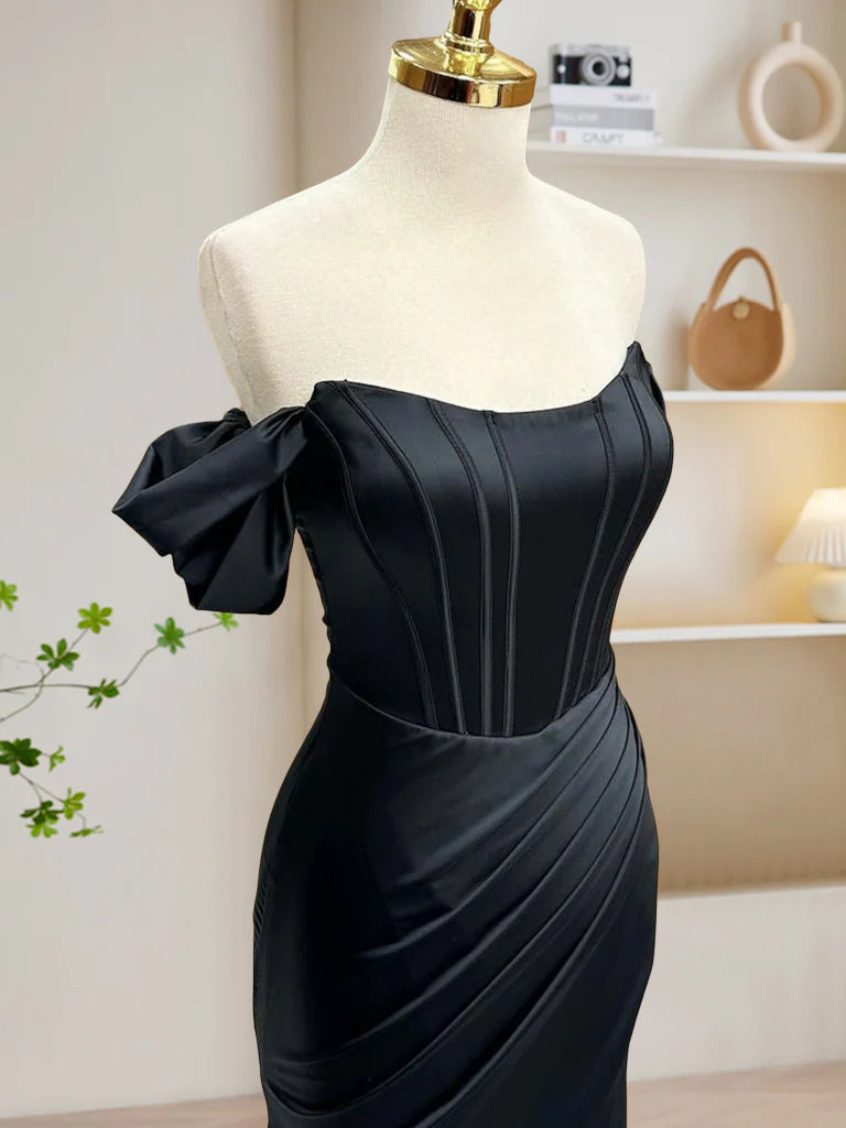 Buyishang Black Off Shoulder Satin Mermaid Long Prom Dress Black Long Evening Dress