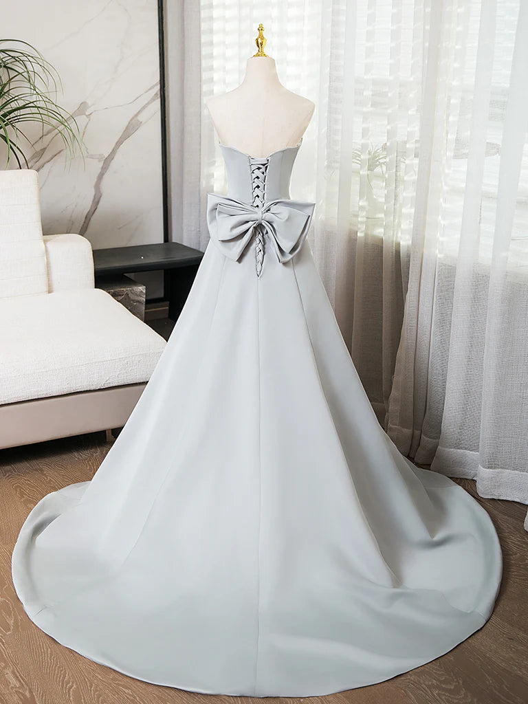 Buyishang A-Line Sweetheart Neck Satin Gray Long Prom Dress Gray Long Formal Dress