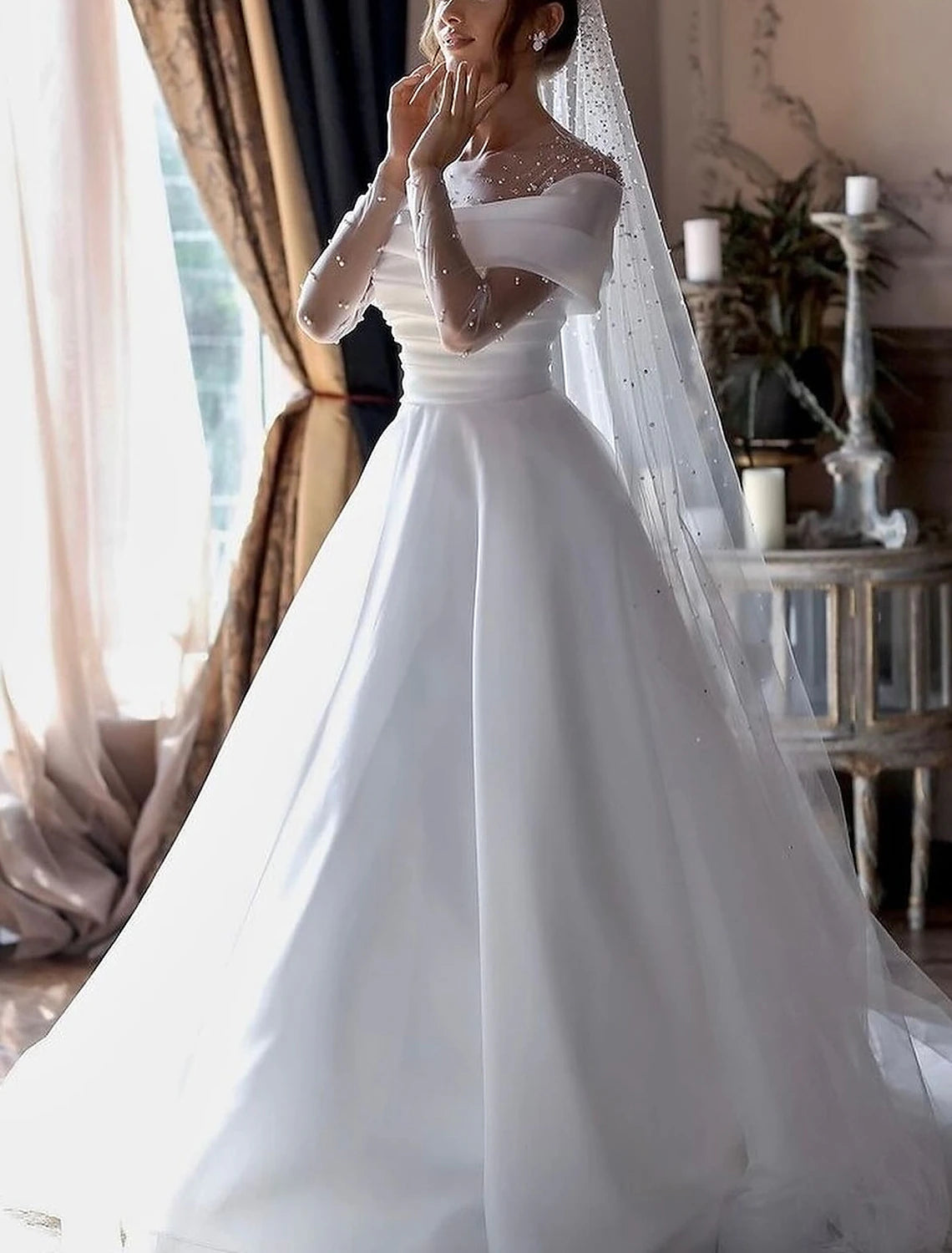 Buyishang Beach Simple Wedding Dresses Formal Wedding Dresses A-Line Illusion Neck Long Sleeve Floor Length Tulle Bridal Gowns With Ruched Beading