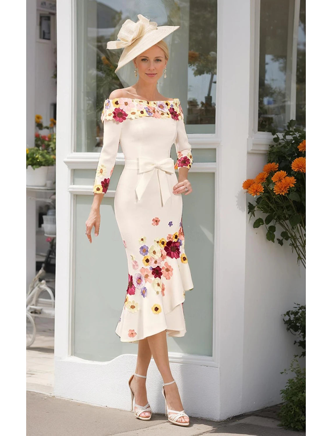 Buyishang Sheath Mother of the Bride Dress Formal Elegant Off Shoulder Floor Length Stretch Fabric 3/4 Length Sleeve with Bow(s) Ruched free custom size