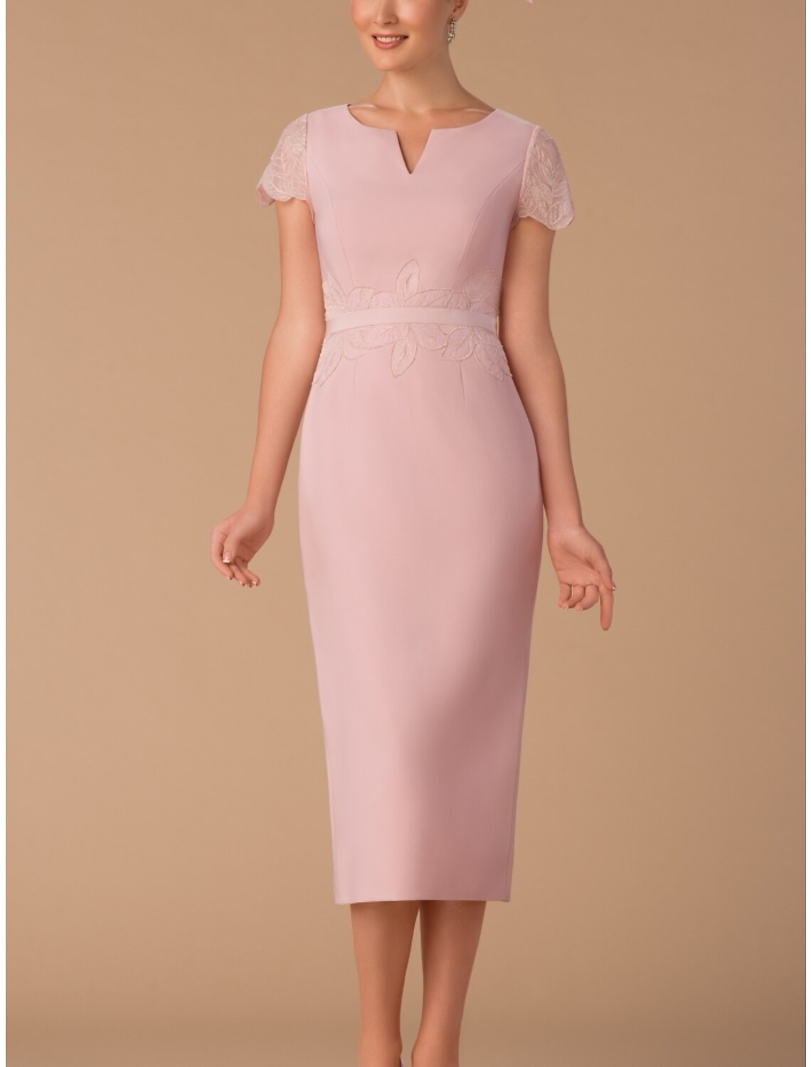 Two Piece Mother of the Bride Dress Wedding Guest Elegant Petite Jewel Neck Tea Length Chiffon Lace Half Sleeve with Ruffles Solid Color