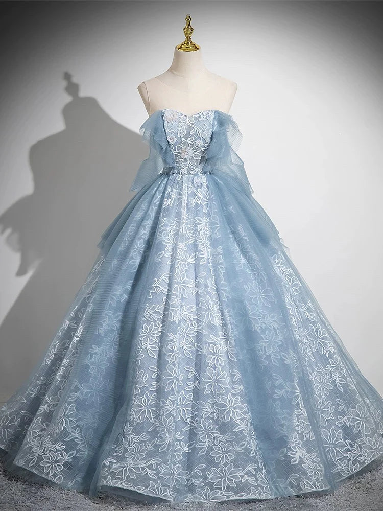 Buyishang A-Line Sweetheart Neck Tulle Lace Gray Blue Long Prom Dress Gray Blue Evening Dress