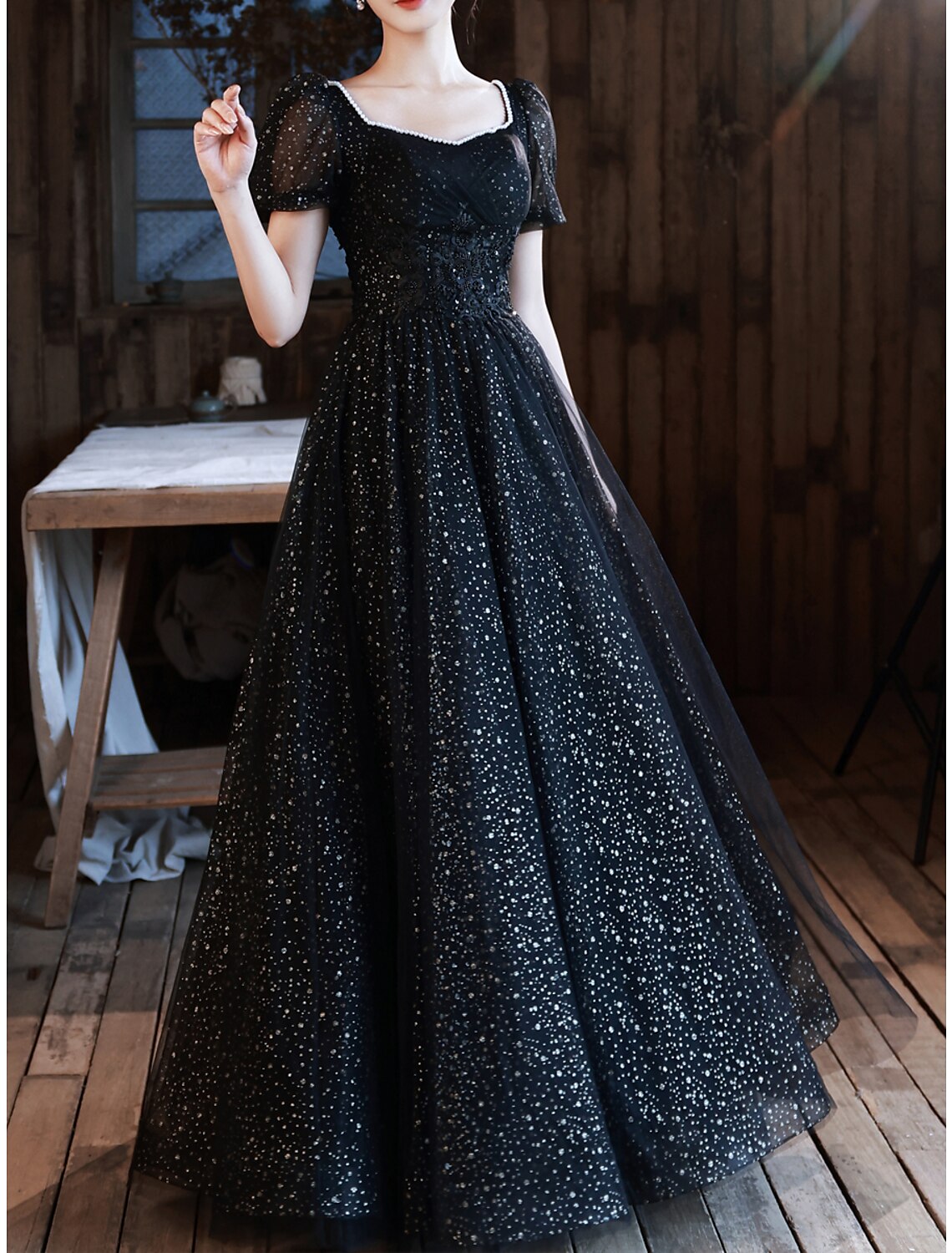 A-Line Prom Dresses Sparkle & Shine Dress Party Wear Prom Floor Length Half Sleeve Sweetheart Satin with Ruched Pearls Appliques