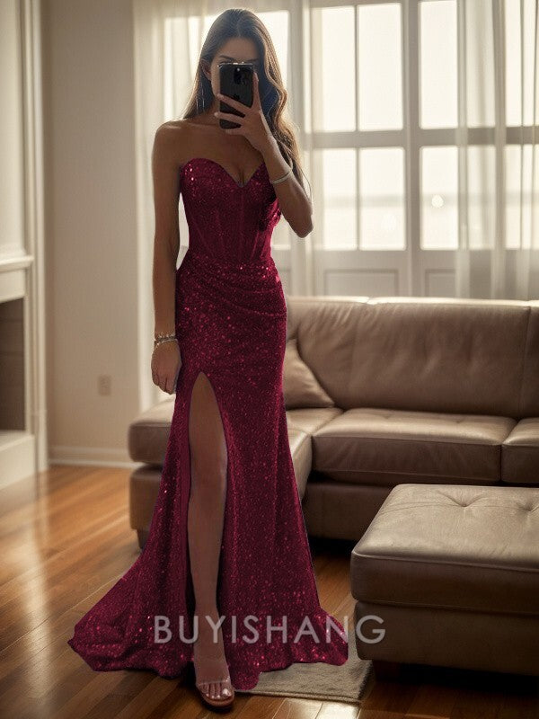 Buyishang Simple Sheath/Column Sequins Ruched Sweetheart Sleeveless Sweep/Brush Train Dresses