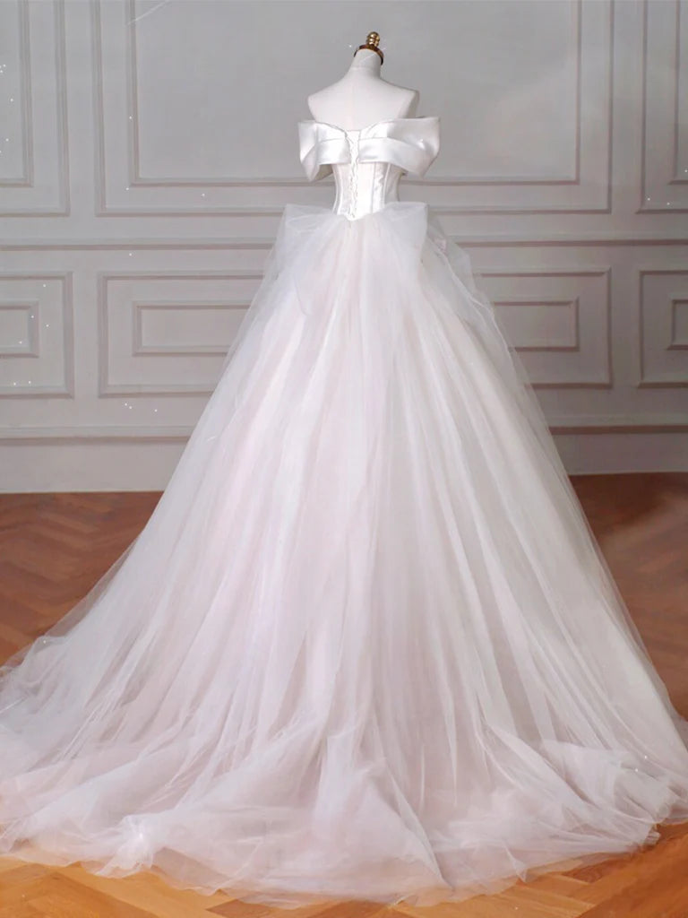 Buyishang A-Line Off Shoulder Tulle Beige Long Prom Dress Beige Tulle Long Formal Dress