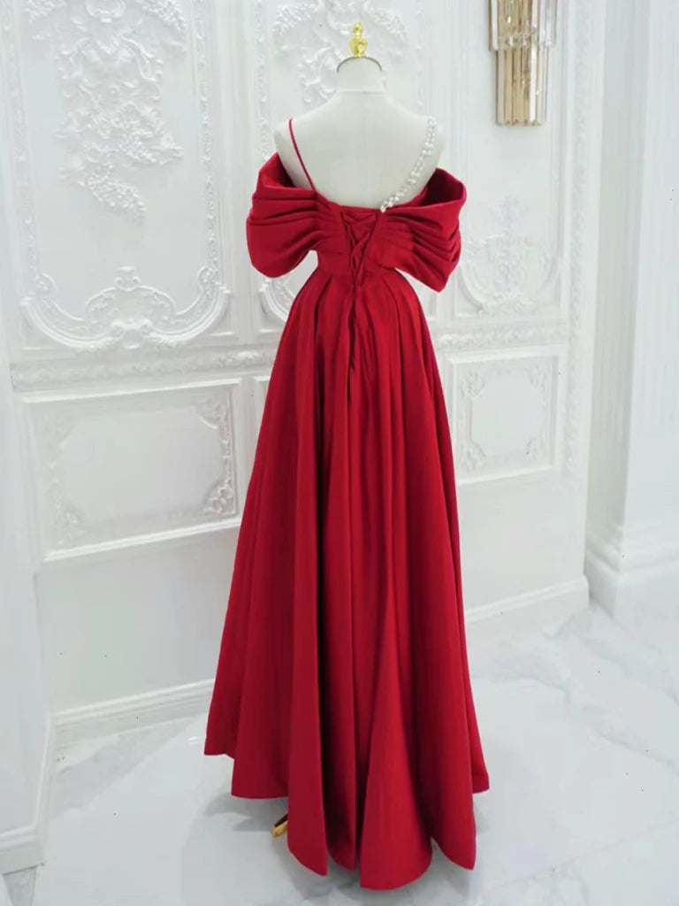 Buyishang A-Line Satin Off Shoulder Red Long Prom Dress Red Long Evening Dress