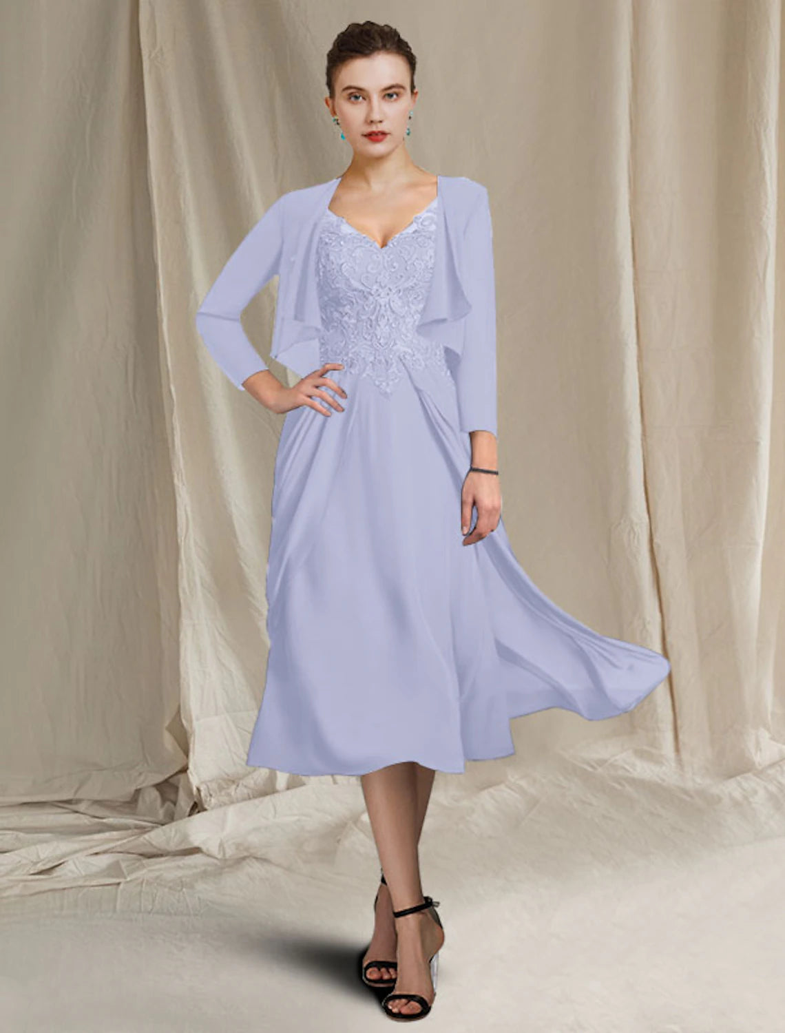 A-Line Mother of the Bride Dress Plus Size Elegant V Neck Tea Length Chiffon Lace Short Sleeve Wrap Included with Appliques