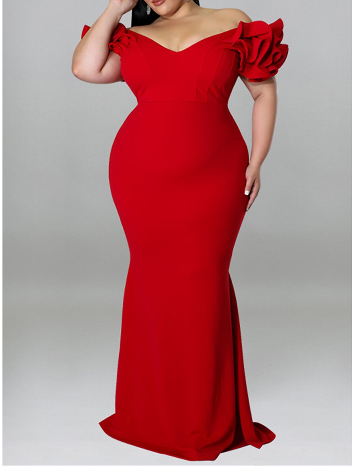 Women's Plus Size Prom Dress Party Dress Wedding Guest Dress Long Dress Maxi Dress Black Yellow Red Short Sleeve Plain Ruffle Summer Spring Fall V Neck Elegant Wedding Guest Birthday Evening Party