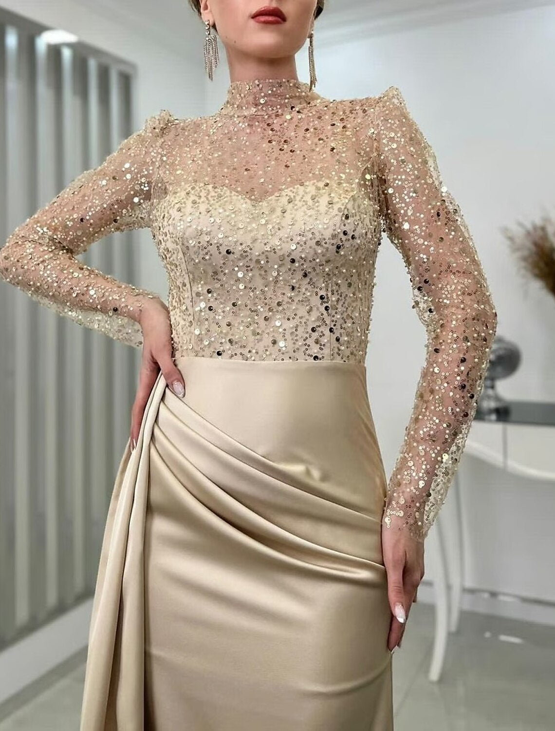 Mermaid / Trumpet Evening Gown Elegant Dress Wedding Guest Fall Court Train Long Sleeve High Neck Satin with Ruched Pearls Slit