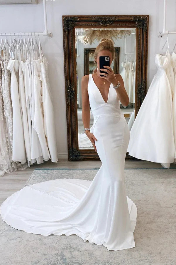 Buyishang Simple Mermaid V Neck Satin White Wedding Dresses