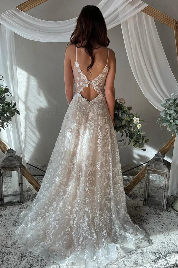 Buyishang Exquisite A-Line V Neck Lace Boho Wedding Dresses