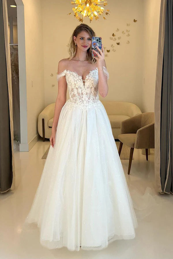 Buyishang A-Line Off the Shoulder Tulle Wedding Dresses with Appliques