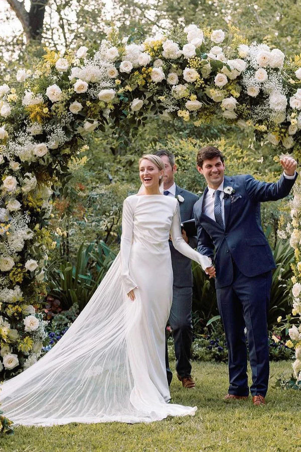 Buyishang Sheath Backless Long Sleeves White Soft Satin Wedding Dresses