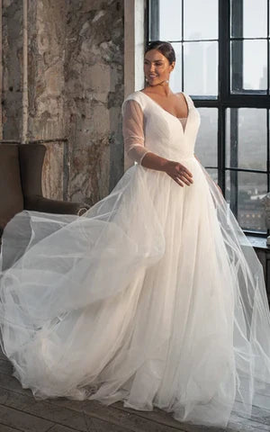 Buyishang Casual V-neck A Line Tulle Court Train Wedding Dress with Ruching