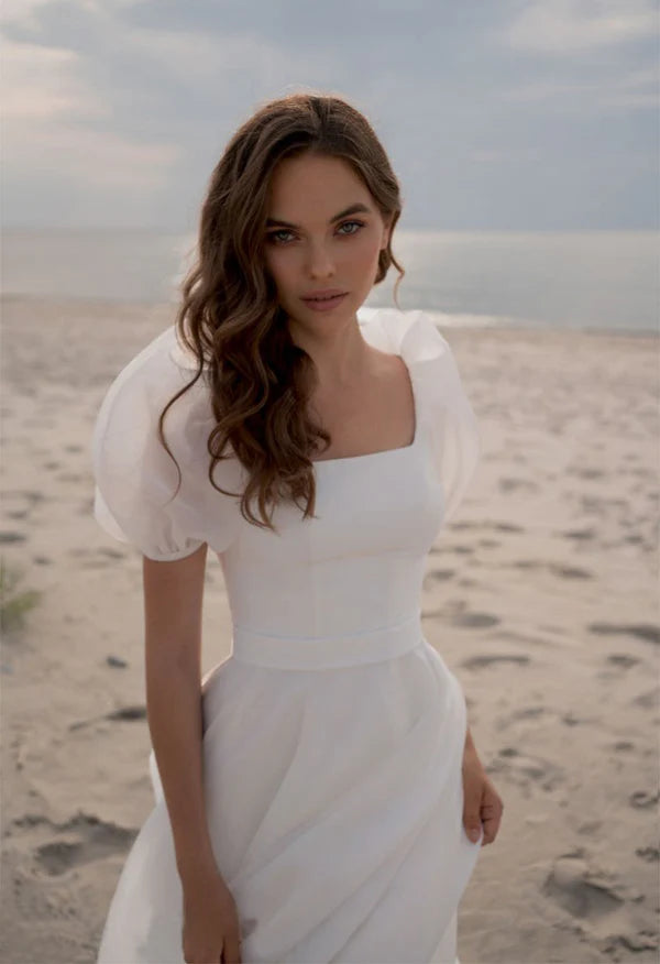 Buyishang Charming A-Line Square Neck Short Sleeves Wedding Dresses with Train