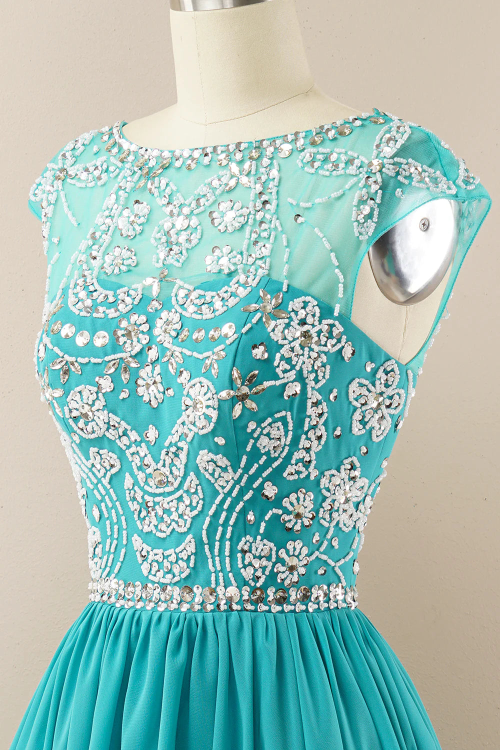 Turquoise Beaded Sleeveless Homecoming Dress
