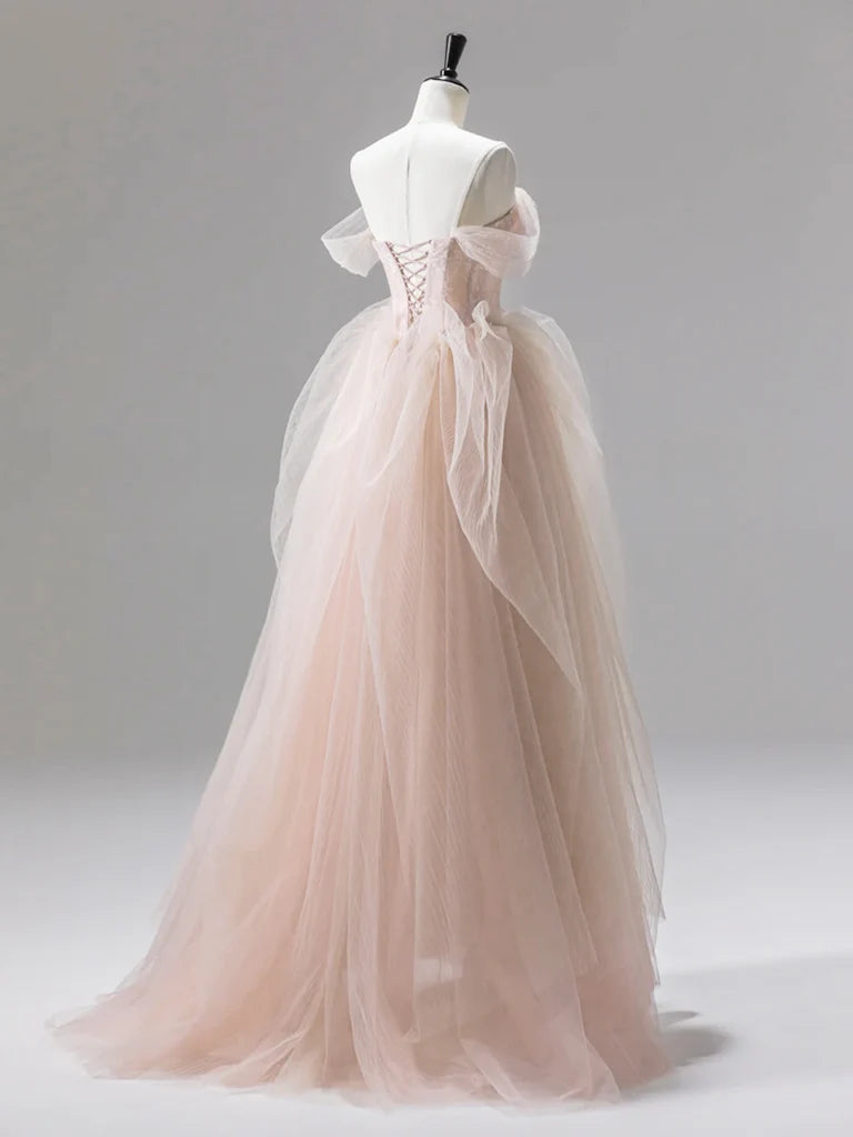 Buyishang A-Line Off Shoulder Tulle Lace Champagne Pink Long Prom Dress Lace Long Formal Dress