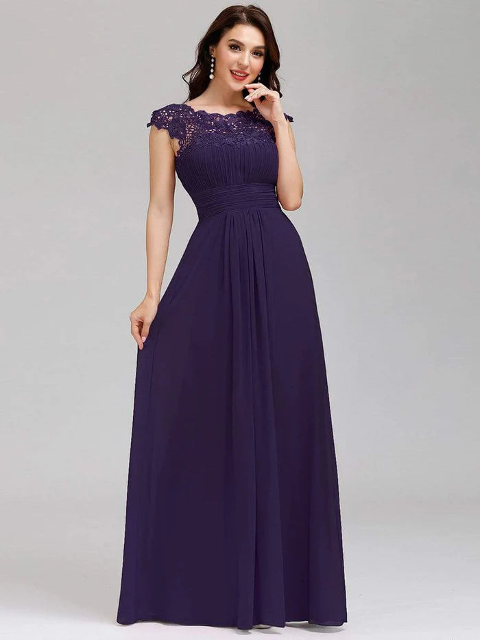 Elegant Lace Cap Sleeve Maxi Long Chiffon Bridesmaid Dress/Evening  Dresses