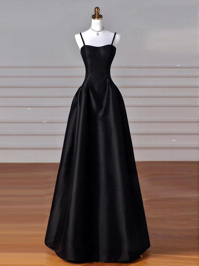 Buyishang A-Line Satin Black Long Prom Dress Black Long Evening Dress