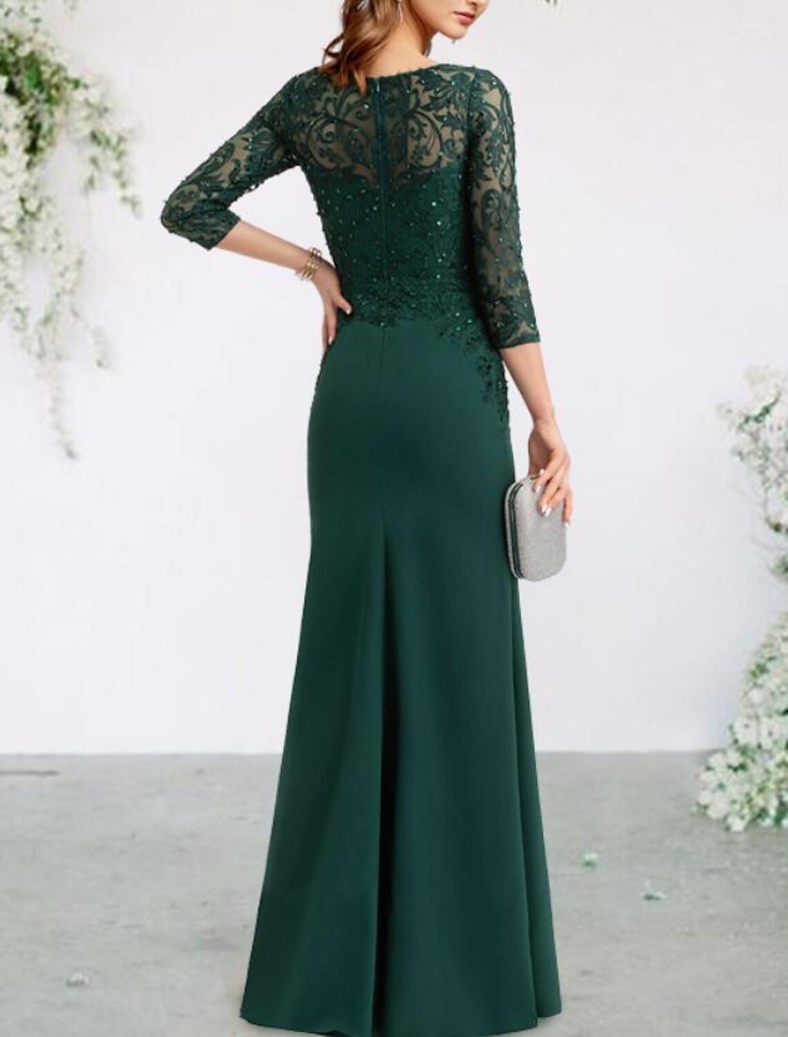 Mermaid / Trumpet Mother of the Bride Dress Elegant Jewel Neck Floor Length Chiffon Lace 3/4 Length Sleeve with Beading Sequin Ruffles