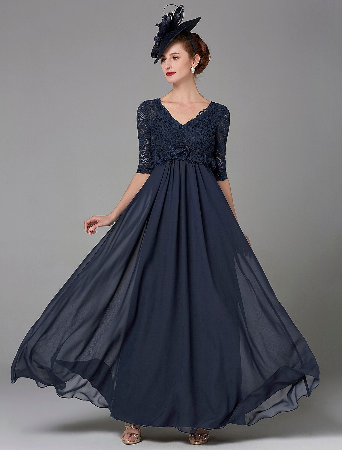 A-Line Mother of the Bride Dress Elegant & Luxurious V Neck Floor Length Chiffon Lace Half Sleeve with Lace Bow(s)