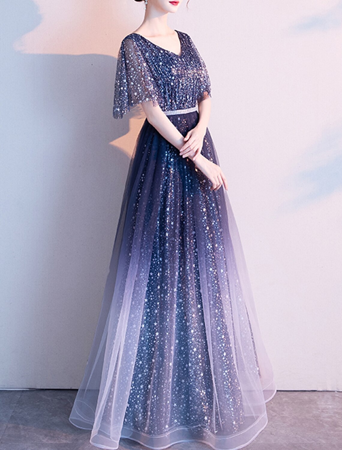 A-Line Evening Gown Glittering Dress Wedding Guest Prom Floor Length Half Sleeve V Neck Tulle with Sash / Ribbon Pleats Sequin