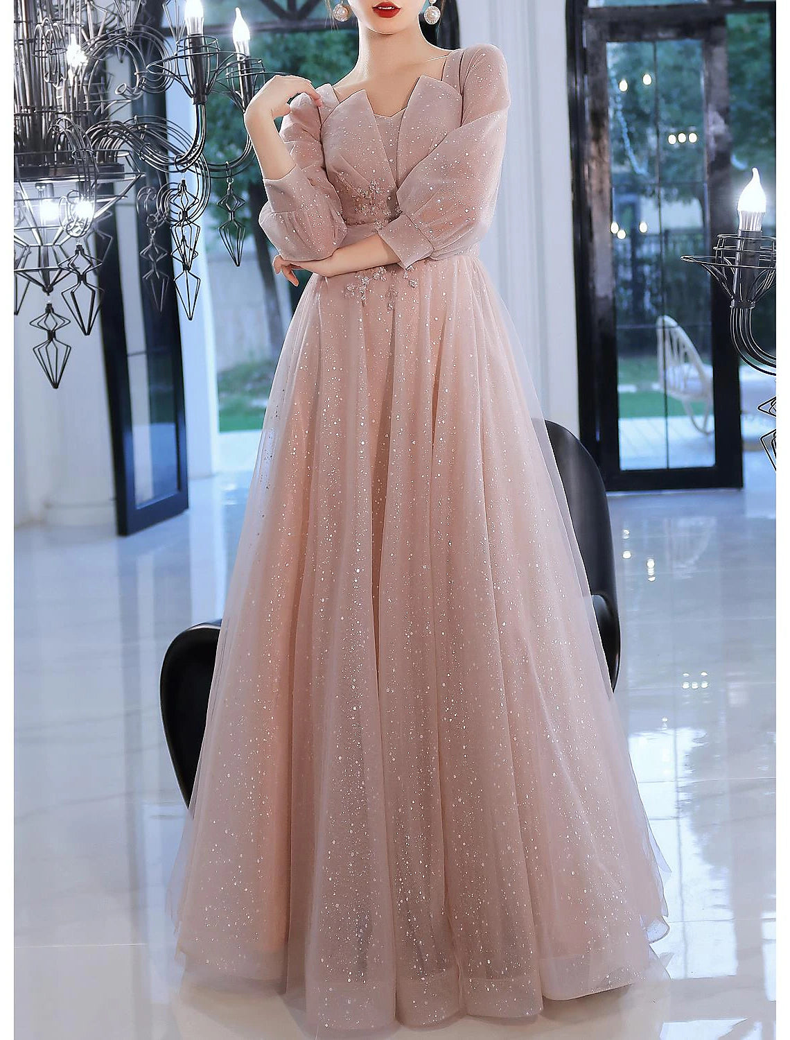 A-Line Beautiful Back Elegant Prom Formal Evening Dress V Neck V Back 3/4 Length Sleeve Floor Length Lace with Appliques