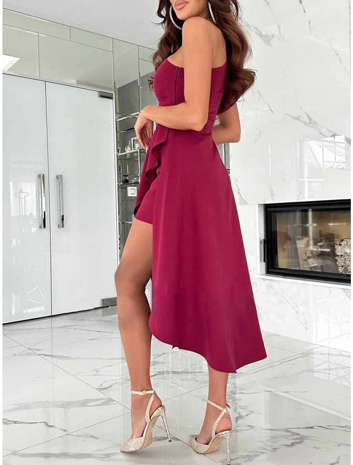 Women's Little Black Dress Sexy Dress Party Dress Homecoming Dress Mini Dress Pink Wine Short Sleeve Ruffle Spring Fall One Shoulder Fashion Wedding Guest