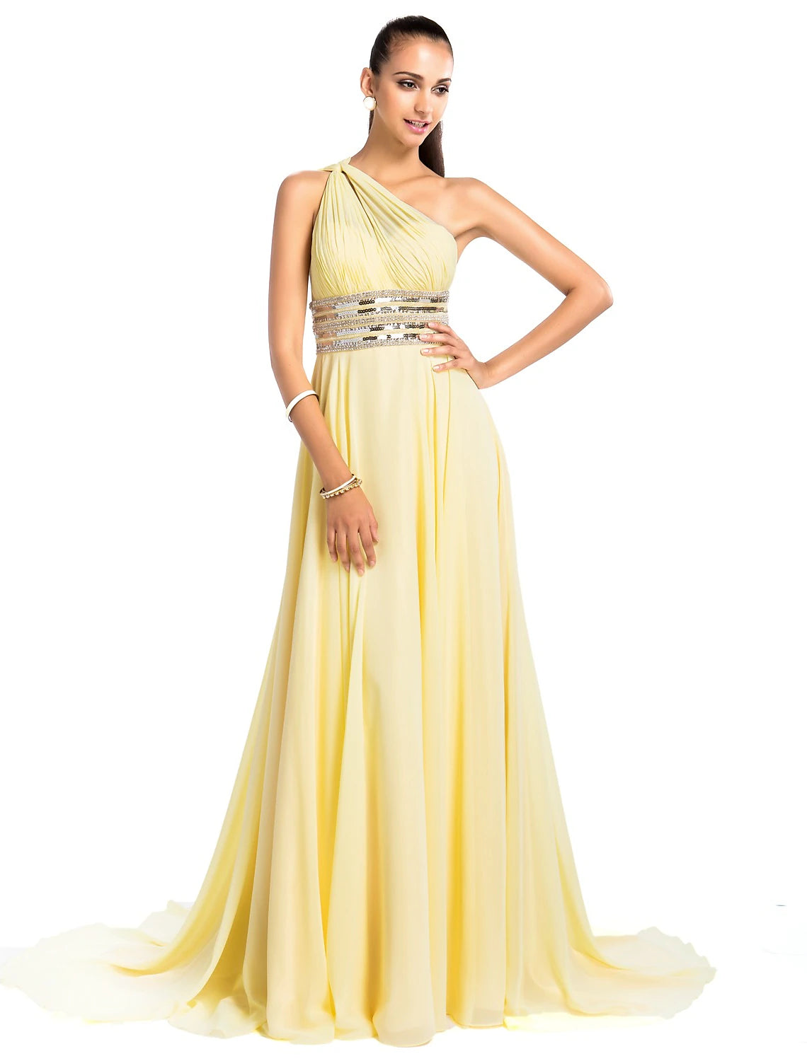 Sheath / Column One Shoulder Court Train Chiffon Open Back Prom / Formal Evening Dress with Beading / Draping / Side Draping