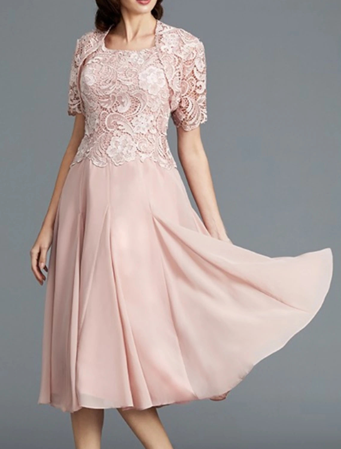 Two Piece A-Line Mother of the Bride Dress Elegant Jewel Neck Knee Length Chiffon Lace Short Sleeve with Pleats Embroidery