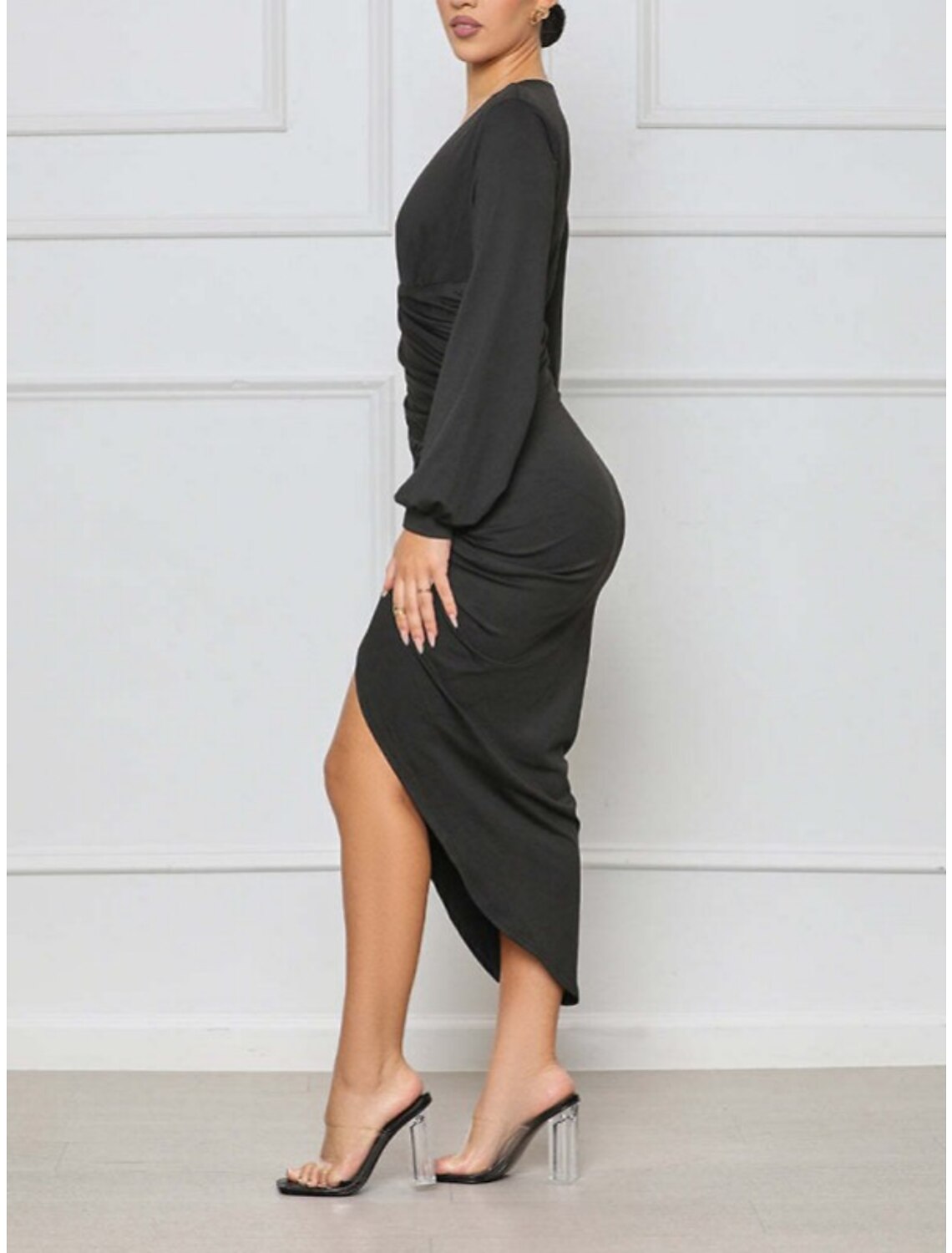 Women‘s Semi Formal Dress Party Dress Wedding Guest Dress Bodycon Shift Dress Midi Dress Black Blue Purple Long Sleeve Pure Color Ruched Winter Fall Autumn Deep V Party Winter Dress