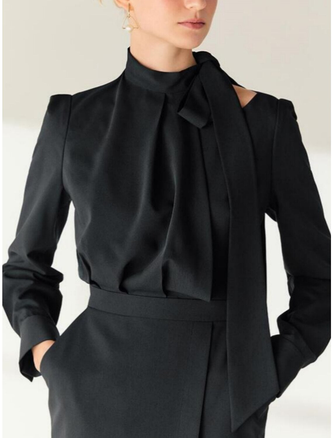 Sheath / Column Mother of the Bride Dress Wedding Guest Elegant Petite High Neck Tea Length Stretch Chiffon Long Sleeve with Bow(s) Split Front Ruching