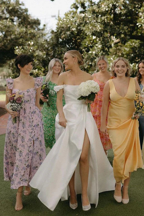 Buyishang A-Line Satin Off the Shoulder Wedding Dresses with Slit