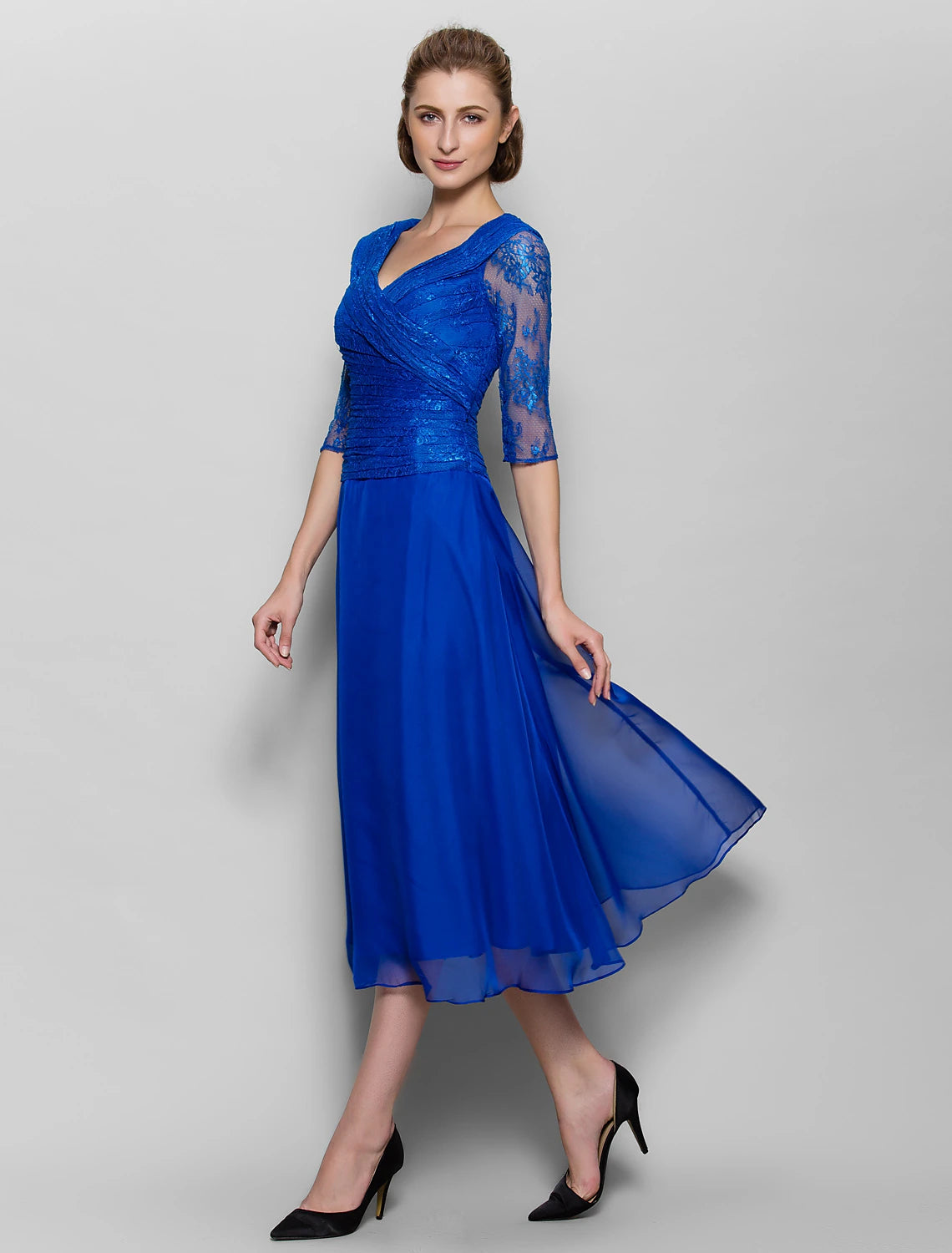 A-Line Mother of the Bride Dress Plus Size Elegant V Neck Tea Length Chiffon Lace Half Sleeve No with Lace Criss Cross Ruched