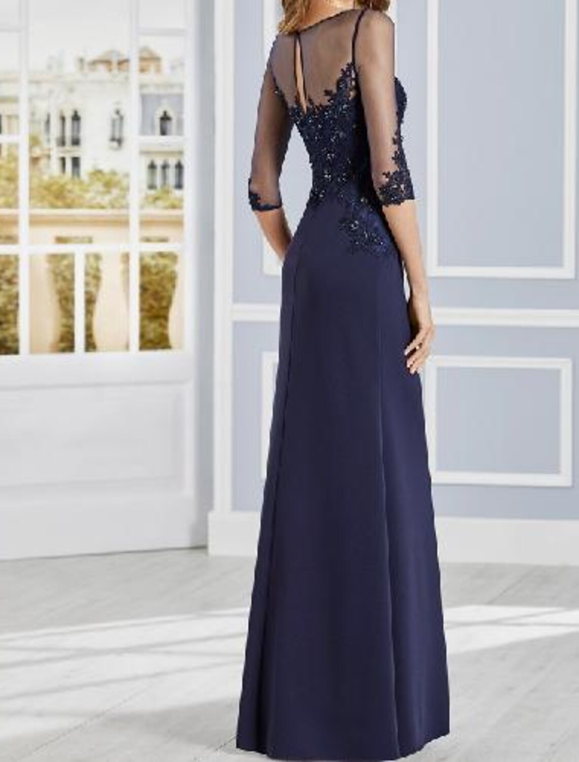 Sheath / Column Mother of the Bride Dress Elegant Illusion Neck Floor Length Stretch Fabric Half Sleeve with Lace Appliques