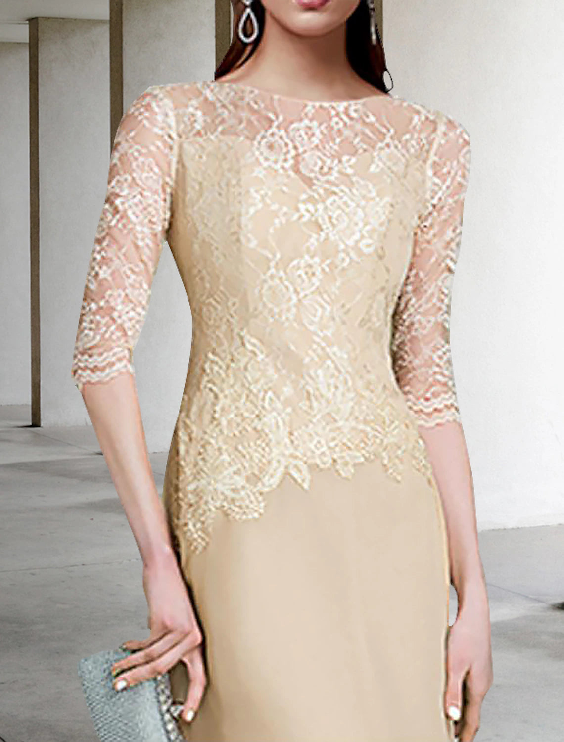 Sheath / Column Mother of the Bride Dress Wedding Guest Elegant Jewel Neck Floor Length Chiffon Half Sleeve with Lace Solid Color Fall