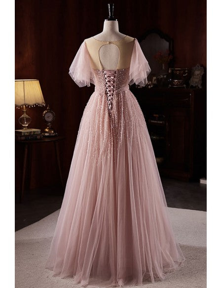 Pink Sheer Neck Sequined Tulle Prom Dress with Puffy Sleeves