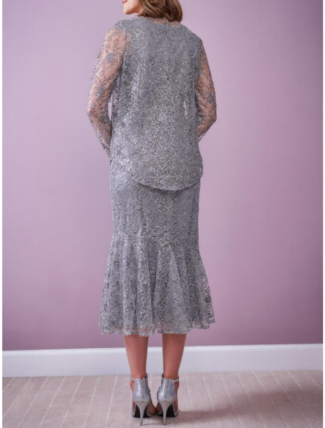 Two Piece Mother of the Bride Dress Wedding Guest Elegant Scoop Neck Tea Length Lace Long Sleeve with Sequin Ruching