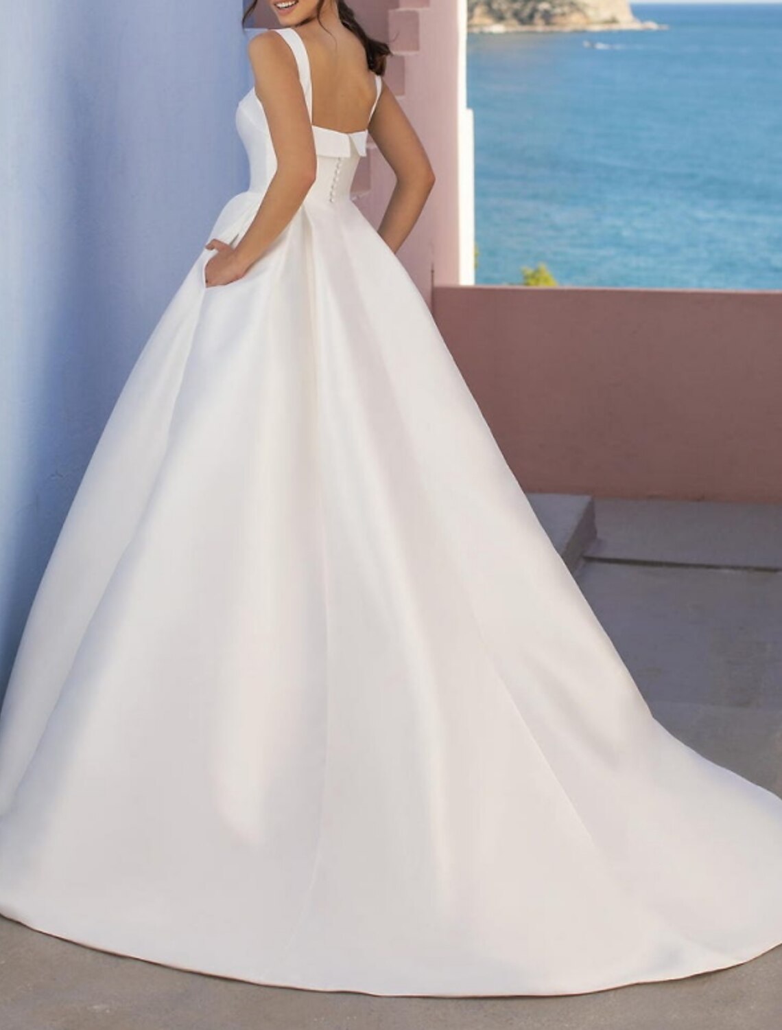 Hall Casual Wedding Dresses A-Line Square Neck Regular Straps Sweep / Brush Train Satin Bridal Gowns With Pleat