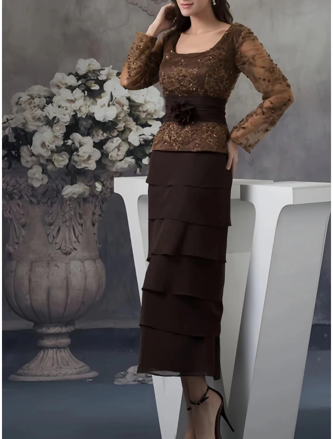 Sheath / Column Mother of the Bride Dress Wedding Guest Elegant Scoop Neck Tea Length Imitated Silk Long Sleeve with Lace Ruffles Tier