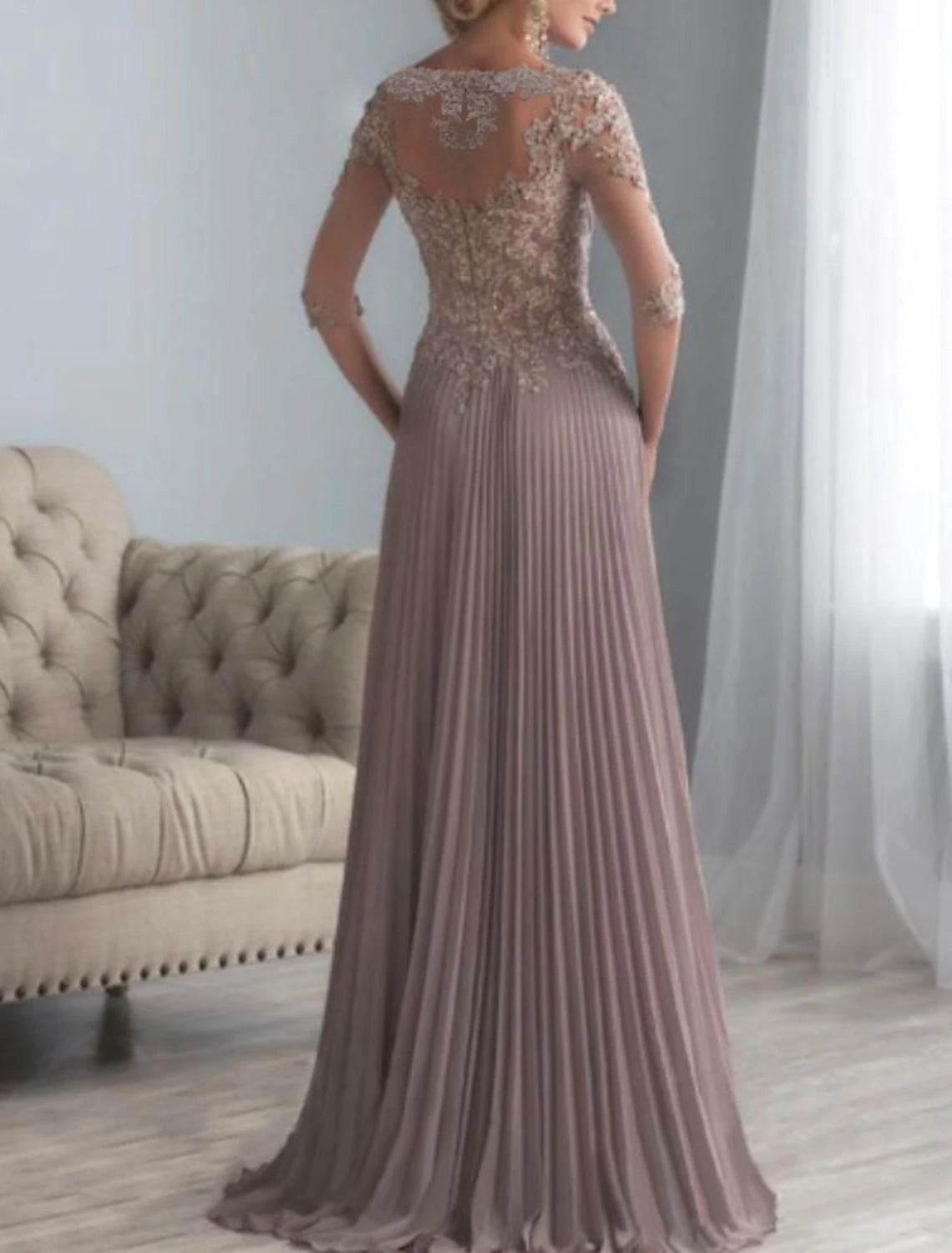 A-Line Mother of the Bride Dress Plus Size Elegant See Through Bateau Neck Sweep / Brush Train Chiffon Lace Half Sleeve with Sash / Ribbon Appliques