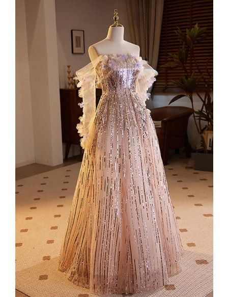 Unique Off Shoulder Sleeved Long Tulle Prom Dress with Sequins