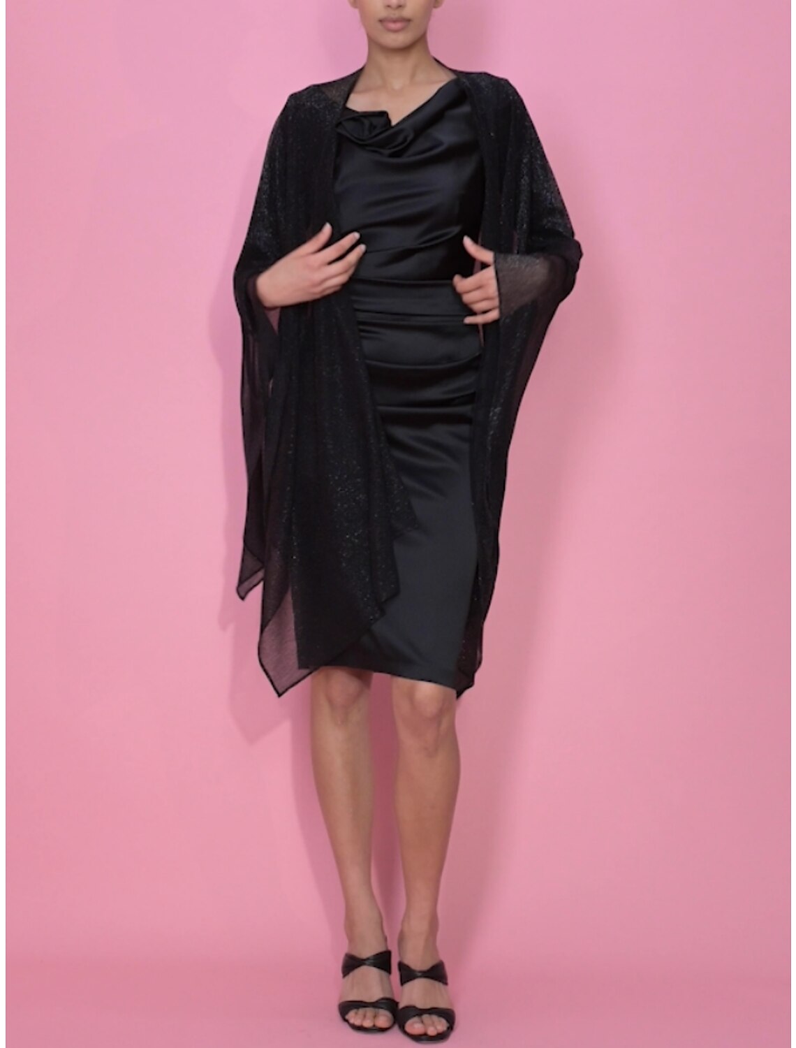 Sheath / Column Mother of the Bride Dress Wedding Guest Elegant Cowl Neck Knee Length Stretch Satin Long Sleeve with Split Front Ruching