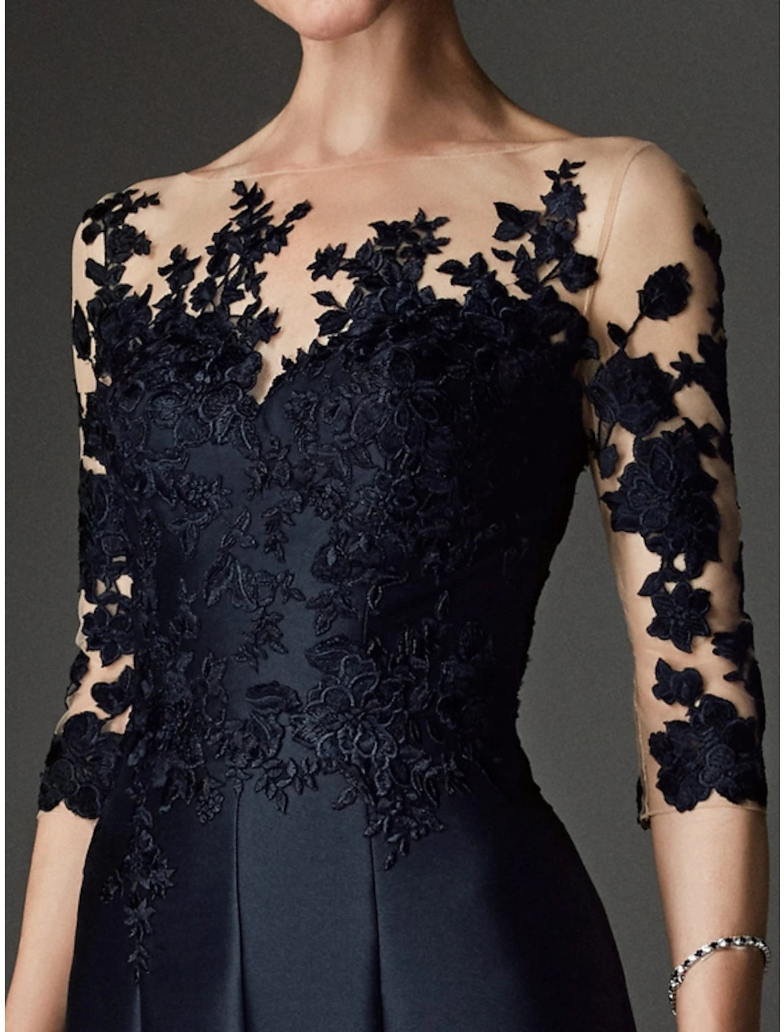 Mermaid / Trumpet Mother of the Bride Dress Wedding Guest See Through Bateau Neck Knee Length Satin Lace 3/4 Length Sleeve with Buttons Appliques