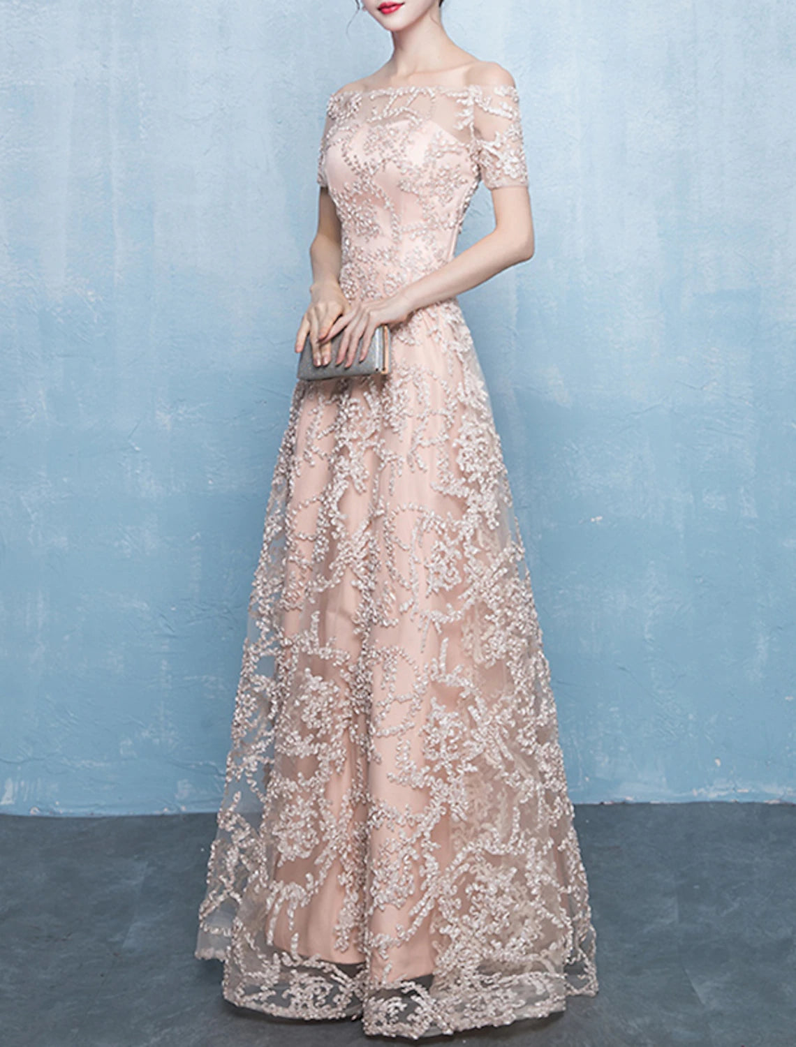 A-Line Minimalist Elegant Prom Formal Evening Dress Off Shoulder Short Sleeve Floor Length Tulle with Pleats