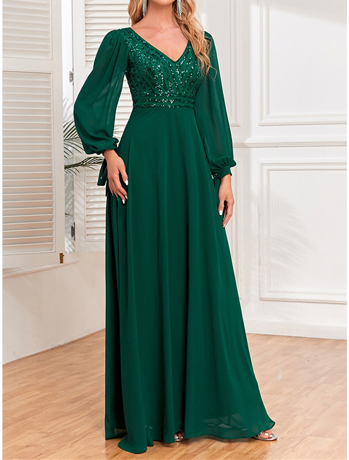 Women's Sequin Dress Prom Dress Party Dress Sparkly Dress Long Dress Maxi Dress Green Long Sleeve Fall Winter V Neck Fashion Evening Party