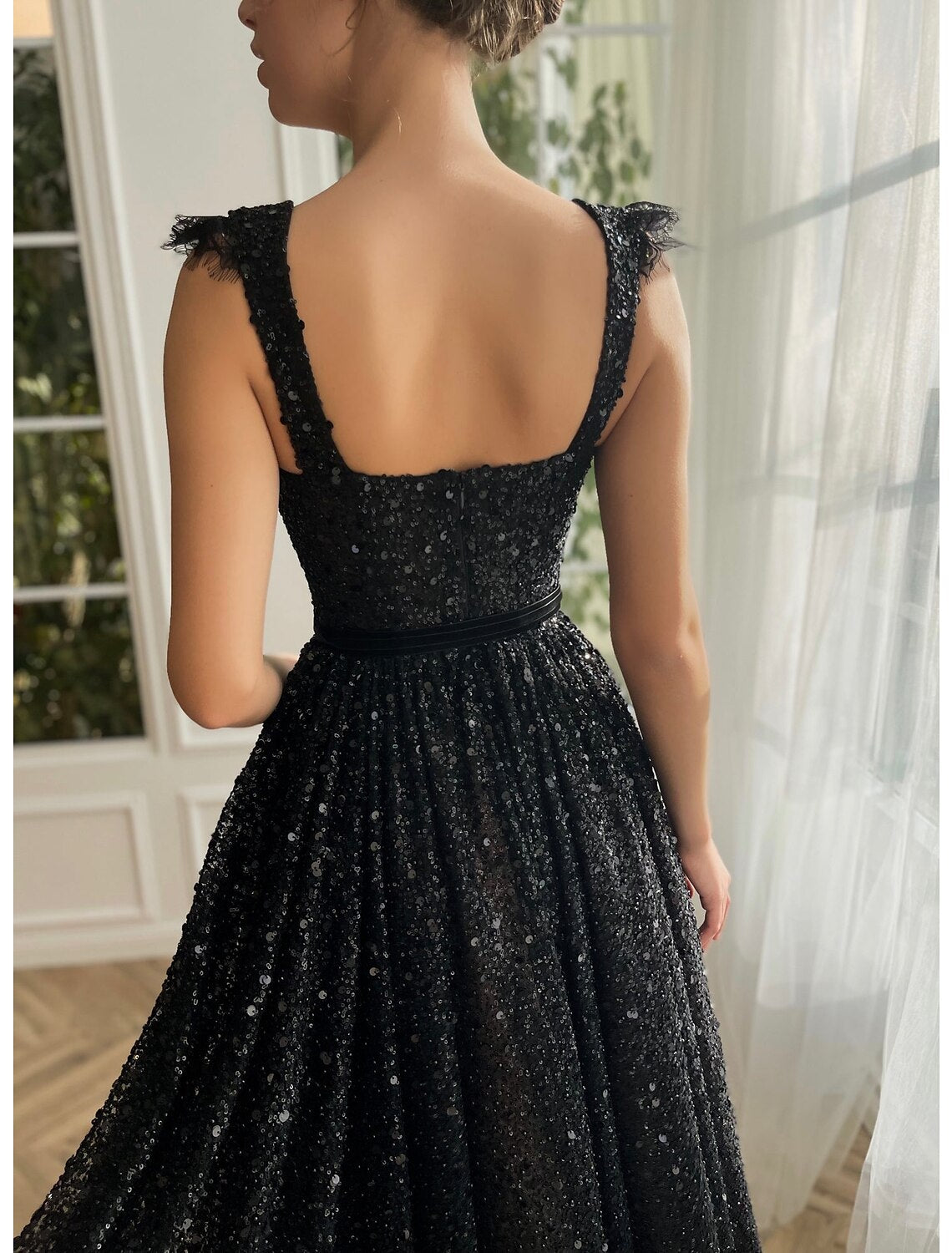 A-Line Prom Black Dress Plus Size Vintage Dress Masquerade Party Wear Ankle Length Sleeveless Strapless Wednesday Addams Family Lace with Glitter Sequin